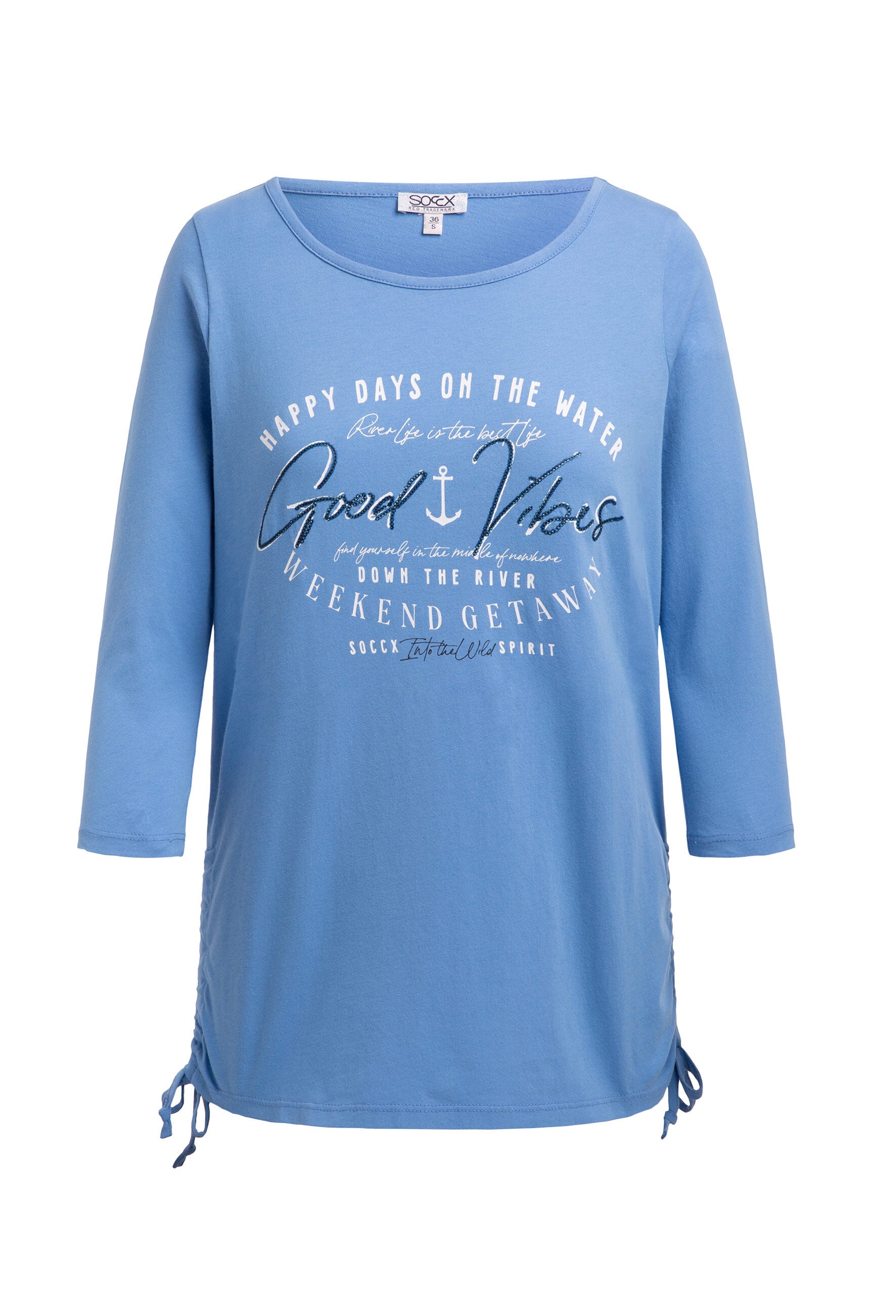 Rundhalsshirt mit 3/4-Ärmeln und Seitenraffung