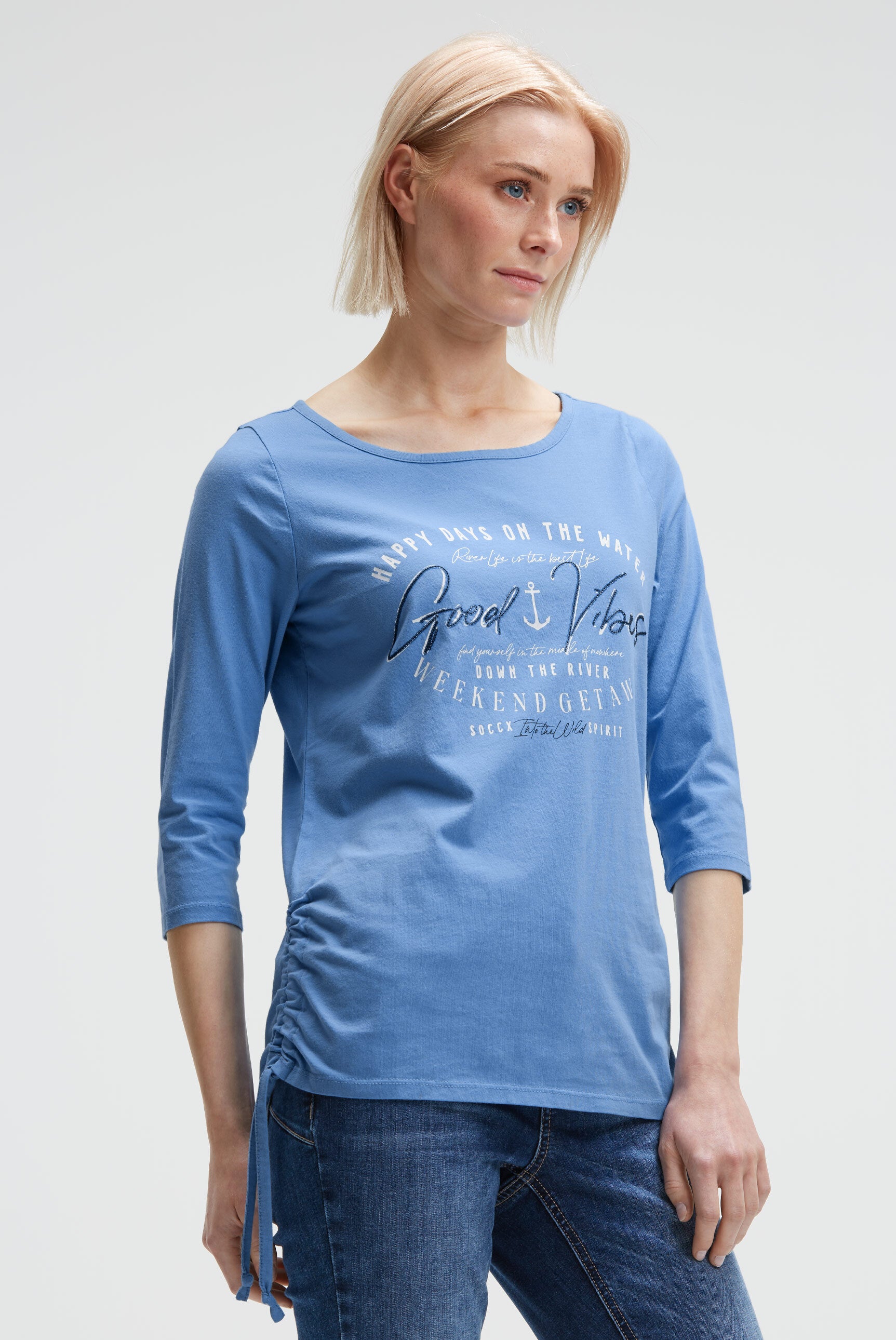 Rundhalsshirt mit 3/4-Ärmeln und Seitenraffung