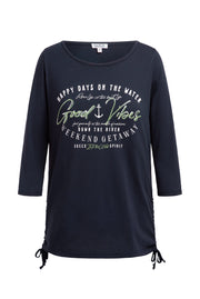 Rundhalsshirt mit 3/4-Ärmeln und Seitenraffung