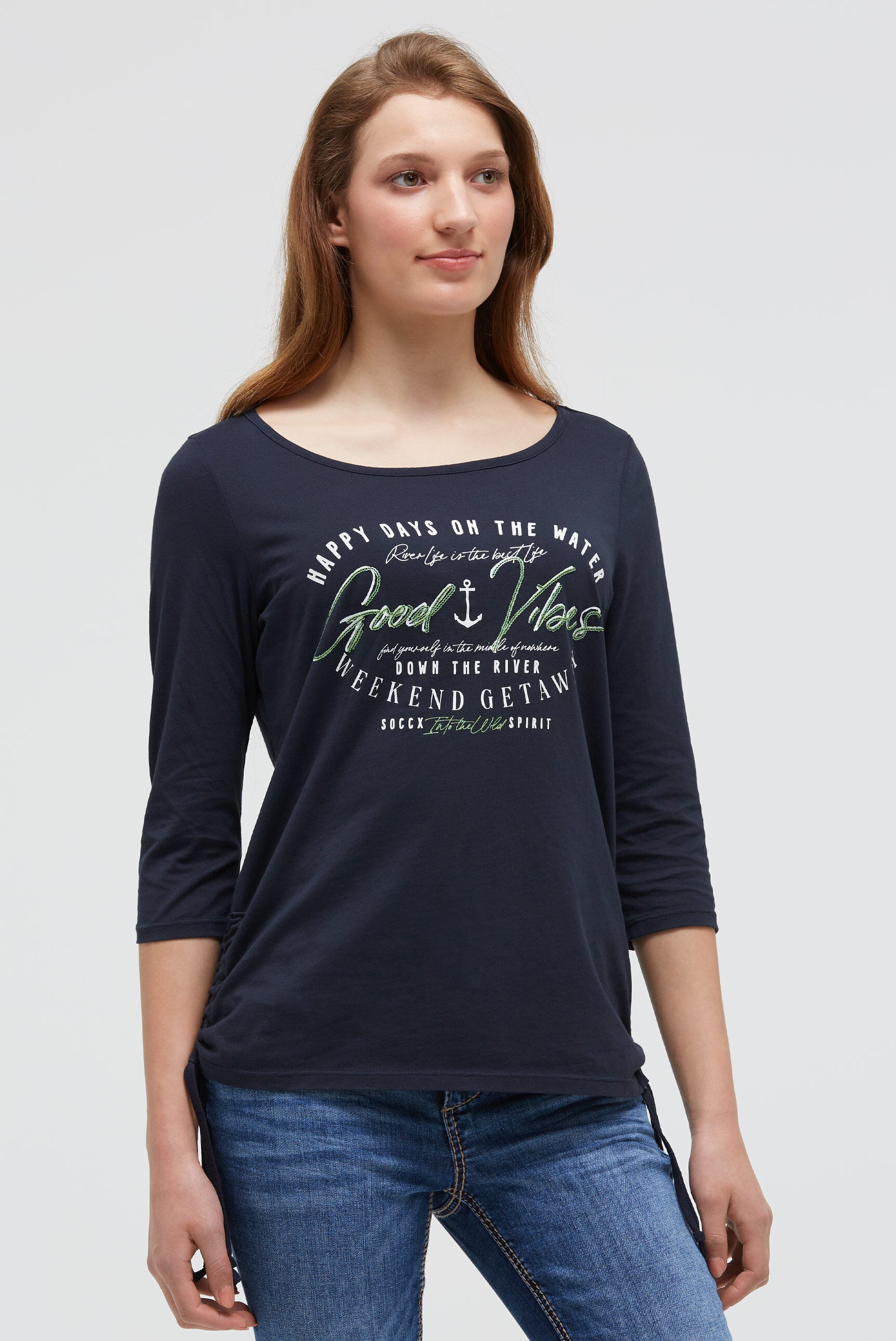 Rundhalsshirt mit 3/4-Ärmeln und Seitenraffung - 2