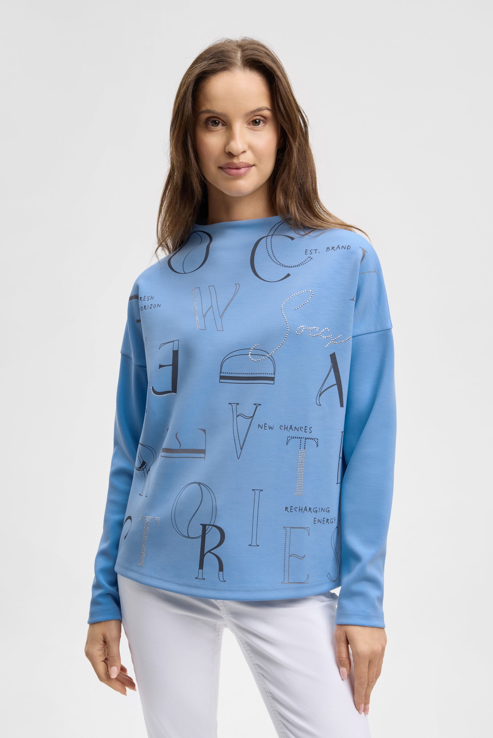Boxy-Sweatshirt mit Print und Schmucksteinen