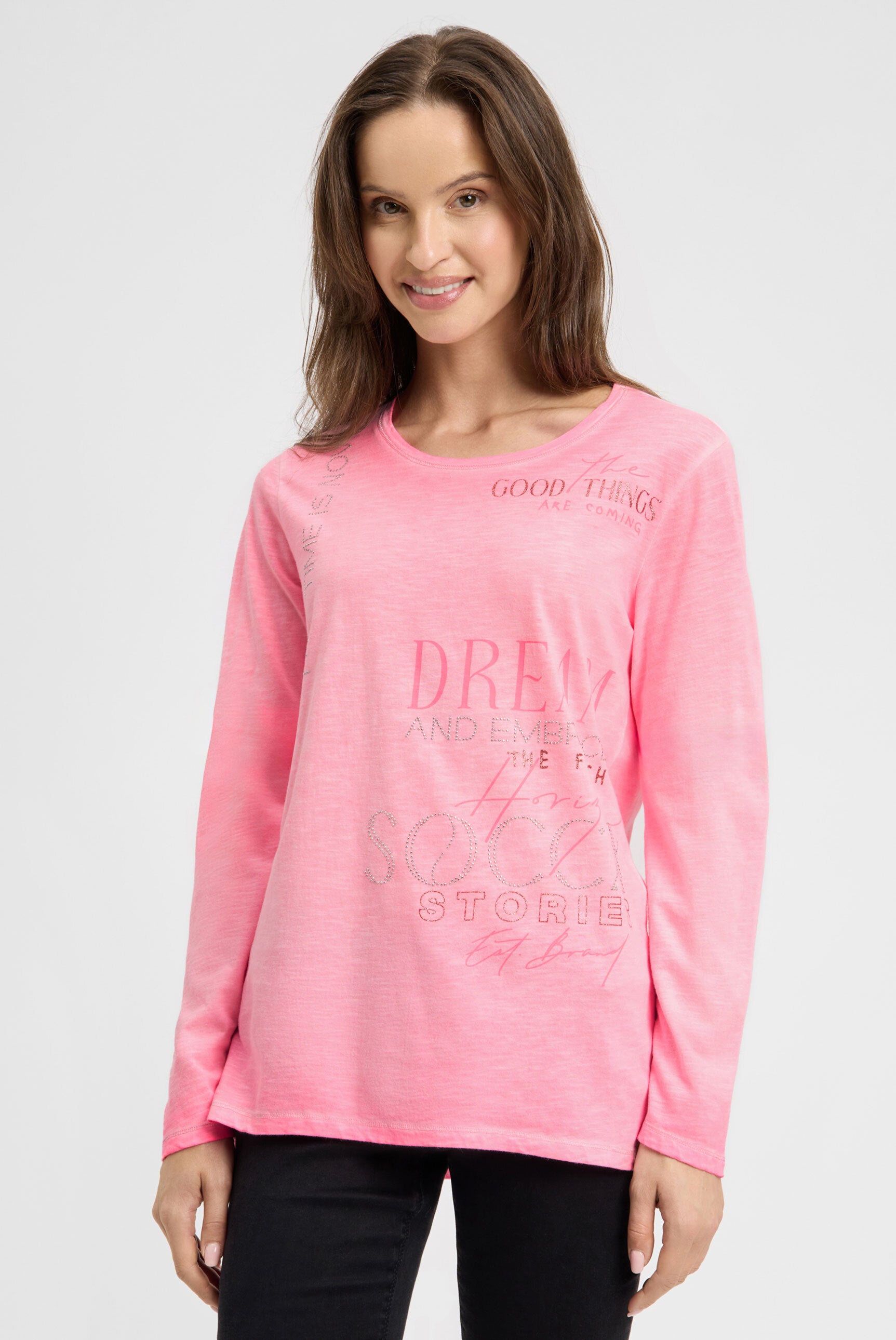 Langarmshirt mit Print und Schmucksteinen