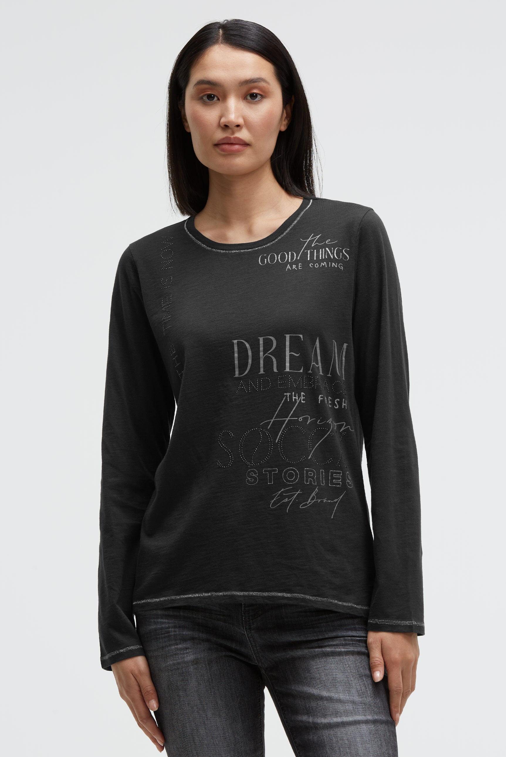 Langarmshirt mit Print und Schmucksteinen